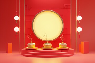 stage for chinese new year, highresolution, isometric, red and gold, black background, high quality, minimalism, flat designedge light, outline , gold, 16:9