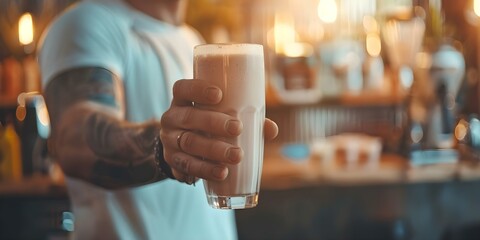 Wall Mural - Man makes protein shake for workout. Concept Fitness, Nutrition, Healthy living, Workout routine, Protein shakes