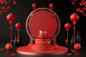 stage for chinese new year, highresolution, isometric, red and gold, black background, high quality, minimalism, flat designedge light, outline , gold, 16:9