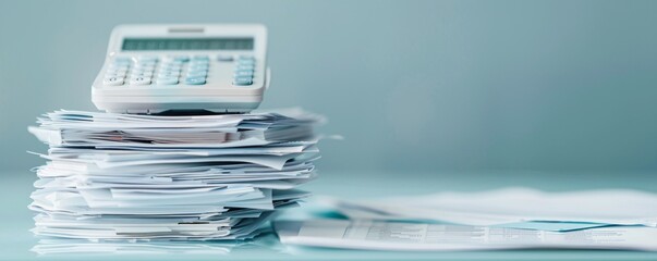 Poster - Against a clean, modern backdrop, a holographic calculator hovers above a stack of bankruptcy documents, highlighting the intersection of advanced technology and financial planning for future