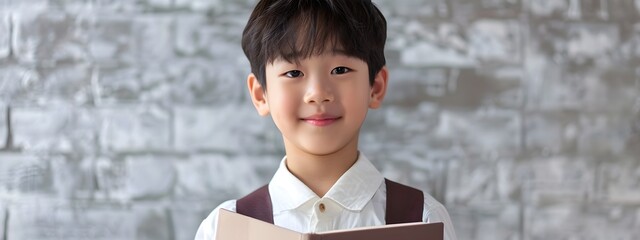 Wall Mural - Smiling Korean Boy Holding Book in Modern Neo Pop Costume for Commercial TV