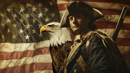 illustration of an American Continental soldier, American flag with a bald eagle in the background, independence day