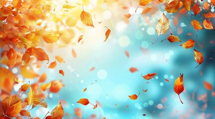 Wall Mural - Falling Autumn Leaves Against a Blurred Blue Sky