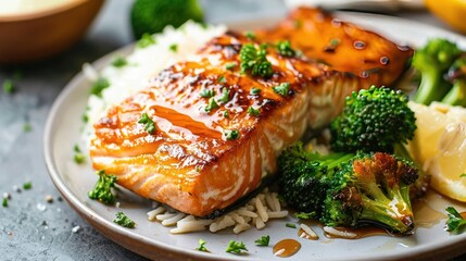 Wall Mural - Baked hot honey glazed salmon on a plate with rice and broccoli, a healthy and flavorful choice