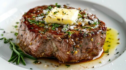 Wall Mural - Beef steak topped with butter and herbs on a white plate, isolated view