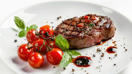 Wall Mural - Beef steak with a side of cherry tomatoes on a white plate, isolated view