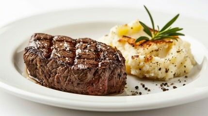 Wall Mural - Beef steak served with grilled asparagus on a white plate, isolated on white