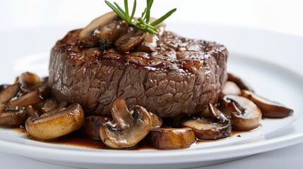 Wall Mural - Beef steak with a side of mushrooms on a white plate, isolated on white