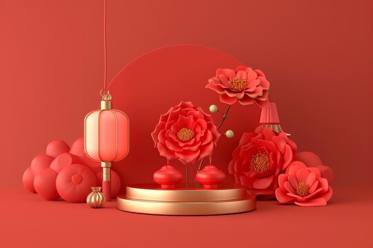 stage for chinese new year, highresolution, isometric, red and gold, black background, high quality, minimalism, flat designedge light, outline , gold, 16:9