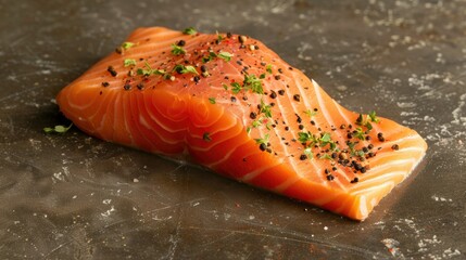 Wall Mural - Fresh salmon fillet with a sprinkle of spices and herbs, ready for grilling or baking