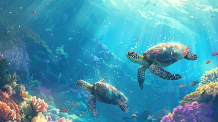 Wall Mural - Graceful sea turtles gliding effortlessly through a vibrant underwater ecosystem