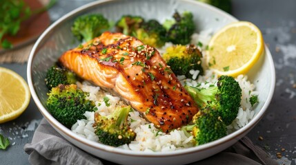 Wall Mural - Homemade baked hot honey salmon with rice and broccoli, a nutritious dinner choice