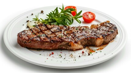 Wall Mural - Juicy grilled beef steak served on a white plate with garnish, isolated on white background
