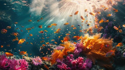 Majestic underwater scenery with colorful coral reefs and diverse marine life, illuminated by sunlight