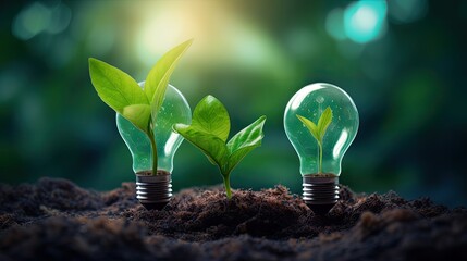 Green energy concept with light bulbs and plants