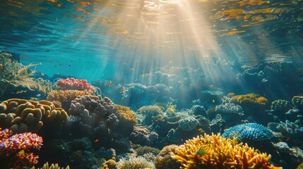 Majestic underwater scenery with colorful coral reefs and diverse marine life, illuminated by sunlight