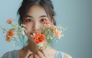 Canvas Print - Young Woman With Dark Hair Holding Flowers and Looking at Camera