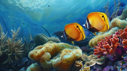 Wall Mural - Pair of butterflyfish swimming over a beautiful coral garden in a tropical seascape