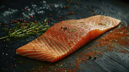 Wall Mural - Raw salmon fillet with a dusting of spices and herbs, ready for culinary use