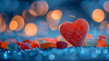 Poster - Red heart shaped candy on a blue background with colorful candies and bokeh lights with copy space text for website, banner, social media, and mobile app.