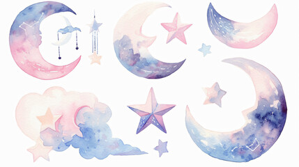 Watercolor illustration of pink and blue moons, stars, and clouds with copy space text for website, banner, social media, and mobile app.