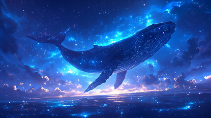 Wall Mural - Blue whale with stars in the night sky with copy space text for website, banner, social media, and mobile app.