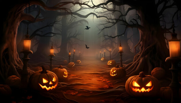 halloween background filled with scary trees and pumpkins. halloween background filled with scary tr
