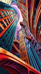 Wall Mural - Futuristic cityscape with abstract high-rise buildings, colorful urban concept