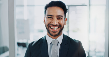 Poster - Portrait, business and man in workplace, smile and professional with corporate job, accountant and confident. Face, headshot and employee in finance with consulting agency and career ambitions office