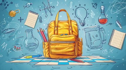 Back to school online education banner with yellow backpack and school supplies on a checkered paper background with doodle scientific icons.