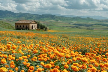 Canvas Print - a small white house sits on a hillside next to a field of orange flowers