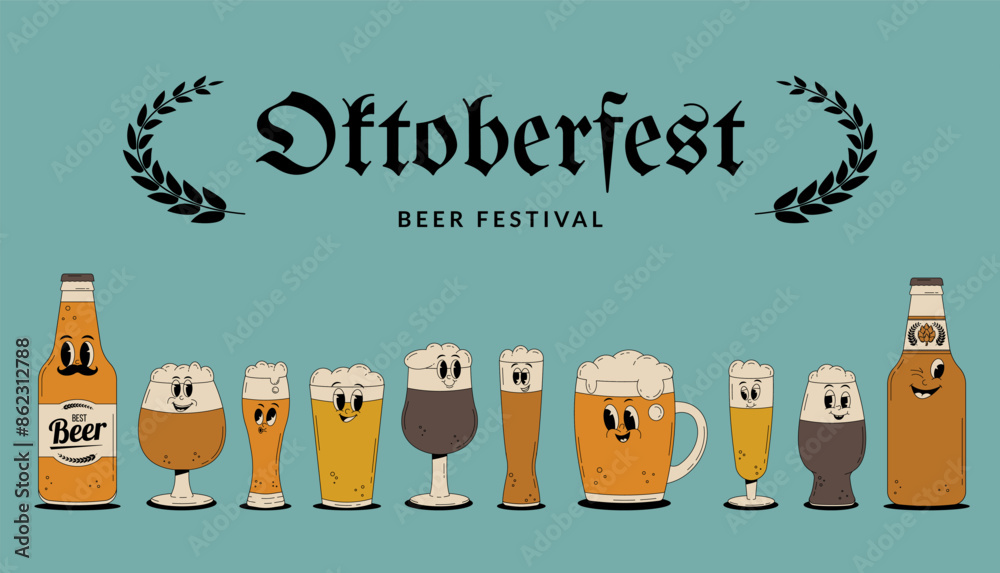 Oktoberfest Beer Festival celebration. Banner with retro groovy beer ...