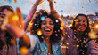© Keitma - Black afro american woman and group of diverse female friends doing a party outdoor on a rooftop with city view in background