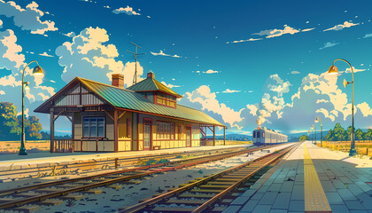 Wall Mural - Beautiful train station background illustration in anime style