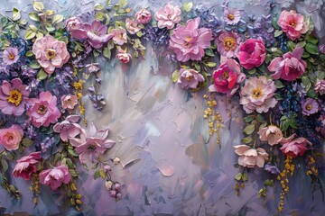 Wall Mural - A painting of a flowery archway with a pink and purple background