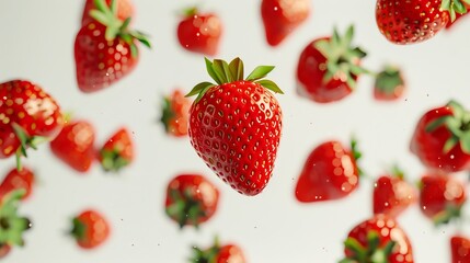 Wall Mural - Ripe strawberries tumbling down onto a white surface would make for a vibrant and enticing image.