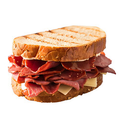 [transparent background png]close-up of a sandwich with pastrami and cheese on rye bread