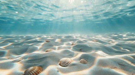 Wall Mural - Underwater view of a sandy ocean floor with scattered shells and gentle ripples