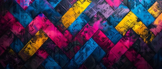 Wall Mural - Vibrant Plaid Pattern in Bold Colors Weaving Across Mysterious Dark Expanse