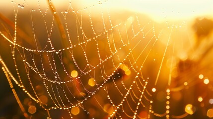 Close-Up of Dewdrops on a Spider Web in Early Morning Light - Macro Shot