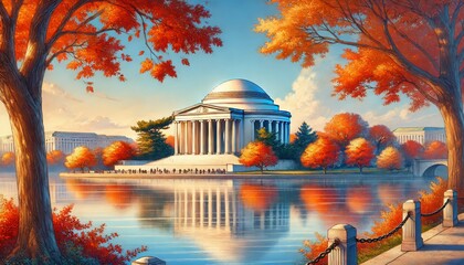 An autumn landscape at Tidal Basin in Washington DC, featuring Jefferson Memorial and autumn foliage
