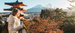 © Jo Panuwat D - Woman tourist with mount Fuji at Chureito Pagoda in Autumn season, Traveler travel Arakurayama Sengen Park, Yamanashi, Japan. Landmark for tourist attraction. Japan Travel, Destination and Vacation
