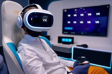 Wall Mural - Woman in a futuristic VR chair, experiencing virtual reality in a sleek, high tech environment with advanced equipment