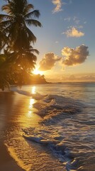 Wall Mural - tropical beach with palm trees and ocean view at sunset