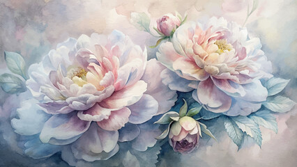 Sticker - Watercolor background of delicate peonies in muted colors