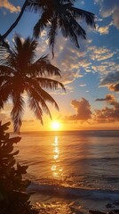 Wall Mural - tropical beach with palm trees and ocean view at sunset