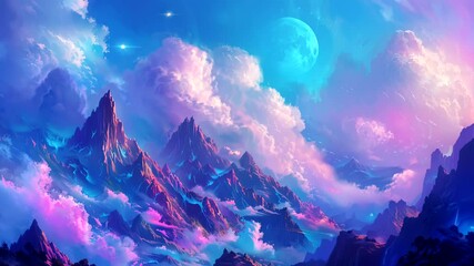 Wall Mural - A Visually Striking Microstocker Showcase of Majestic Mountains Veiled in a Regal Purple Tone. Seamless looping time-lapse virtual 4k video animation