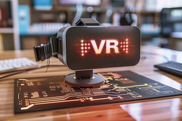Wall Mural - Futuristic VR headset with LED display on a desk, showcasing advanced virtual reality technology in a high tech environment