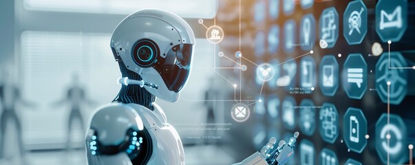 Poster - A digital interface shows a virtual bankruptcy lawyer giving legal advice, set against a sleek, minimalist background with abundant copy space. This futuristic depiction highlights the evolution of