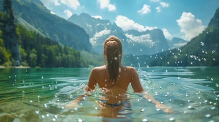 Woman Swimming in a Mountain Lake